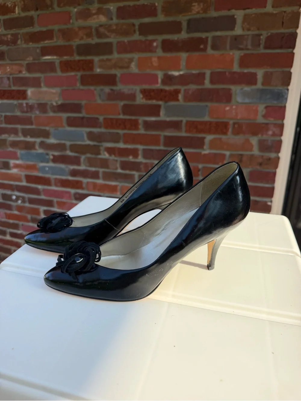 Vintage 1980s-90s Black Patent Pointed Toe Pumps with Rosette Accent